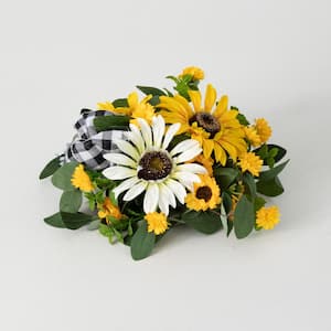 9" Artificial Multicolor Sunflower Gingham Half Orb