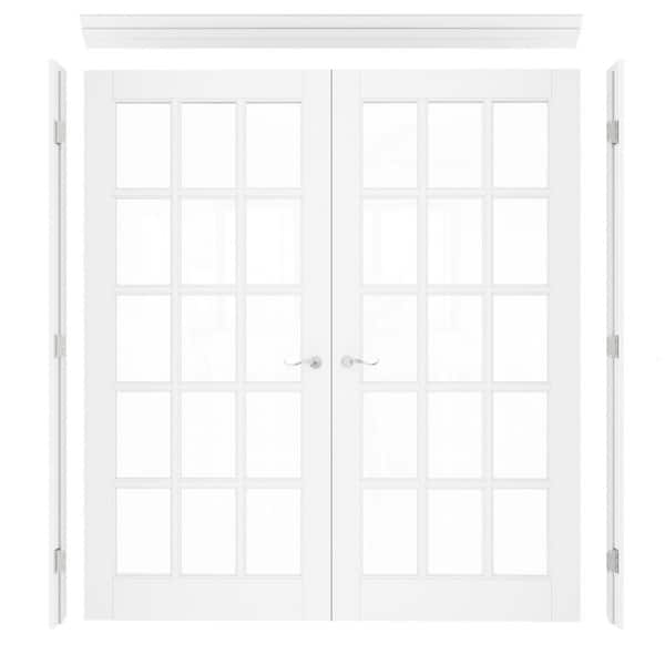72 in. x 80 in. 15-Lite Clear Glass Universal White Solid Core Wood Double Prehung French Door+ Quick Assemble Jamb