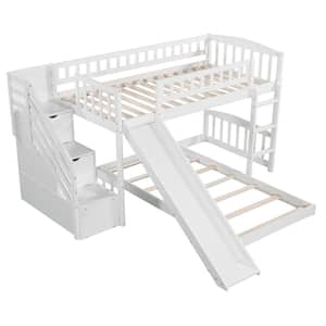 Stairway White Twin Over Twin Bunk Bed Frame with Slide and Storage Staircase, Low Wood Bunk Bed for Kids Boys Girls