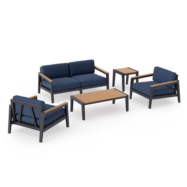 NewAge Products Rhodes 4-Seater 5-Piece Aluminum Outdoor Patio Conversation Set With Spectrum Indigo Cushions