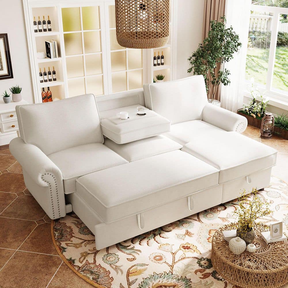 Hartley 95 in. Polyester Upholstery L-Shaped Sectional Sofa in. Beige with Storage Chaise, Cup Holders, Nailhead Trim