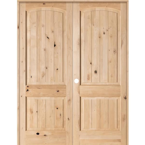 Krosswood Doors 60 in. x 96 in. Rustic Knotty Alder 2-Panel Arch Top VG Right Handed Solid Core Wood Double Prehung Interior French Door