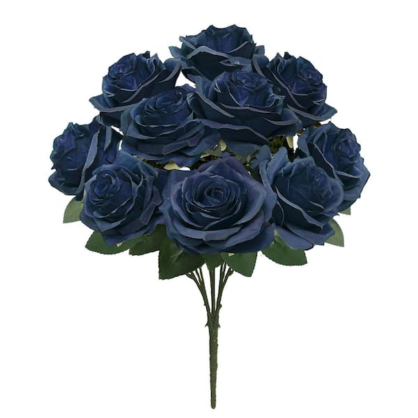 LIVING LUXURY 18 in. Deluxe Navy Blue Artificial Queen Rose Flower Stem Bush Bouquet (Set of 2)