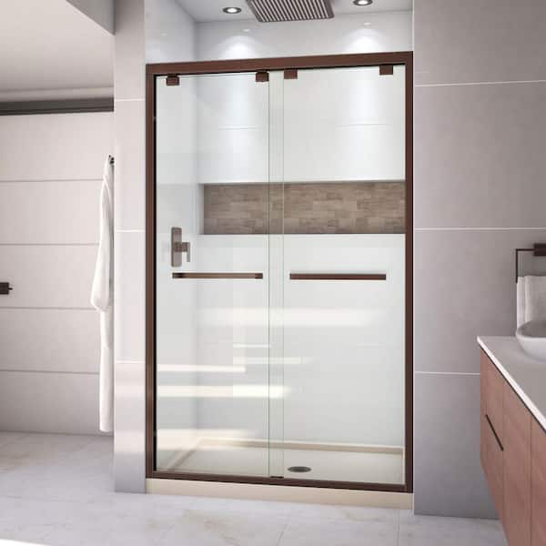 DreamLine Encore 32 in. D x 48 in. W x 78.75 in. H Semi-Frameless Sliding Shower Door in Oil Rubbed Bronze and Biscuit Base