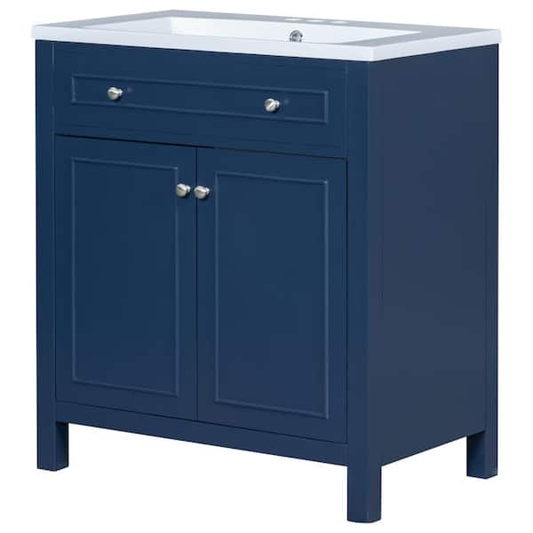FAMYYT 30 in. W x 18 in. D x 34 in. H Single Sink Freestanding Bath Vanity in Blue with White Ceramic Top
