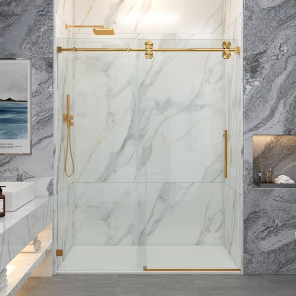 MCOCOD 51-54.5 in. W x 76 in. H Single Sliding Frameless Smooth Sliding Shower Door in Brushed Gold with 3/8 in. Clear Glass