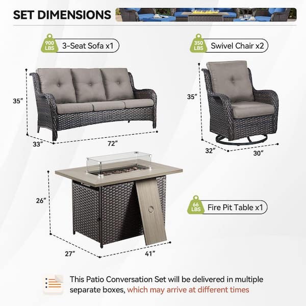 4-Piece Brown Wicker Fire Pit Conversation Set with Olefin Gray Cushions and 2 Swivel Glider Chairs and Couch