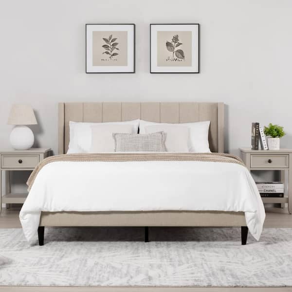 Spruce & Spring Aldrich Brown Wood and Metal Frame Upholstered Full Wingback Platform Bed with Channel Tufting Bed Frame with Headboard