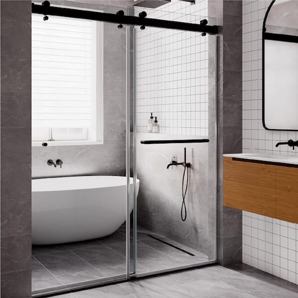 SP Series 56-60 in. W x 77 in. H Frameless Double Sliding Glass Shower Door with 3/8 in. Tempered Glass In Matte Black