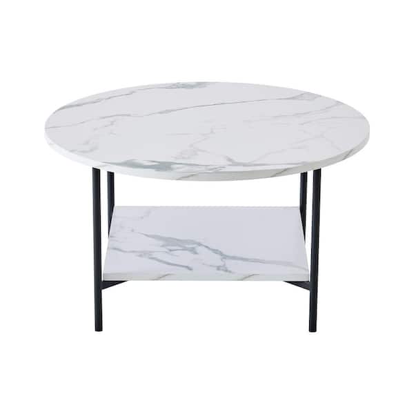 Westsky 31.5 in. Wide Black Metal Frame Modern Round Double-Deck Storable Coffee Table in Marble Color Wood Top of Living Room