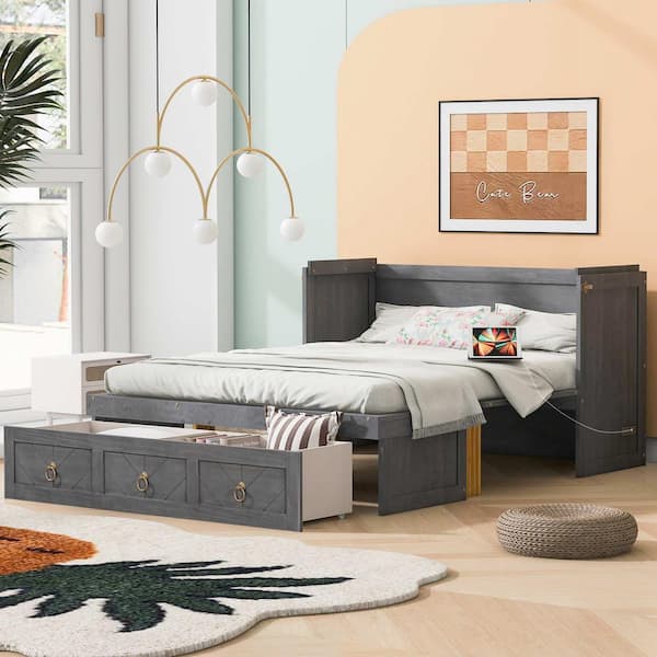 Gray Wood Frame Queen Murphy Bed with USB Port and a Large Drawer