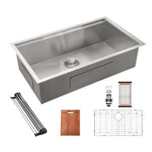 32 in. Undermount Single Bowl 18-Gauge Brushed Nickel Stainless Steel Workstation Kitchen Sink with All Accessories