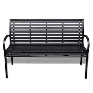 45.7 in. Metal Outdoor Garden Bench with Backrest and Armrest, Modern Slatted Design for Patio, Lawn, Yard, Porch-Black