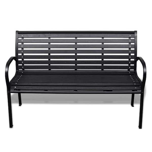 45.7 in. Metal Outdoor Garden Bench with Backrest and Armrest, Modern Slatted Design for Patio, Lawn, Yard, Porch-Black