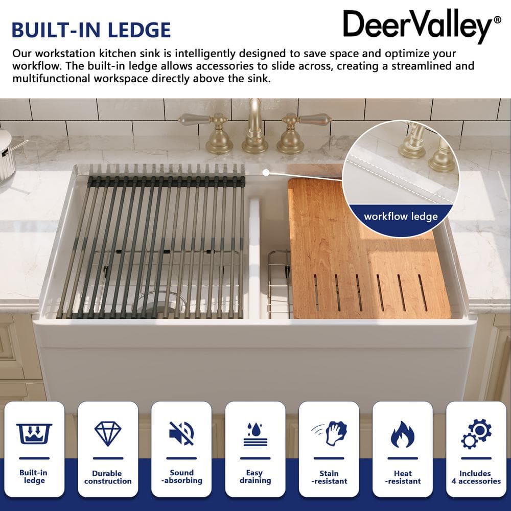 33" White Fireclay Double Bowl Farmhouse Kitchen Sink with Accessories