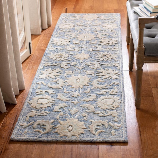 Glamour Blue/Beige 2 ft. x 8 ft. Border Floral Runner Rug