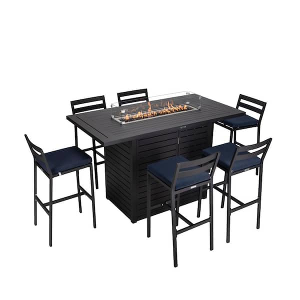 7-Piece Aluminum Patio Dining Bar Set with Fire Pit Table and 4-Barstool with Removable Cushion in Blue