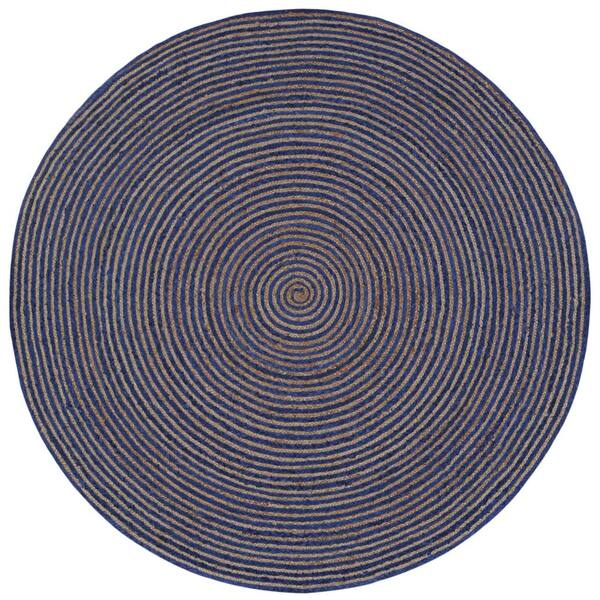 Earth First Jute and Blue Cotton Racetrack 6 ft. x 6 ft. Round Area Rug