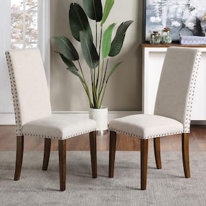 24.41 in. W Beige Upholstered Dining Chairs Fabric Dining Chairs with Copper Nails (Set of 2)
