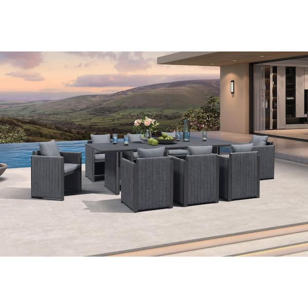 9-Piece Aluminum Outdoor Dining Set All-Weather Modern Rectangular Dining Table and Chairs with Olefin Cushions, Grey