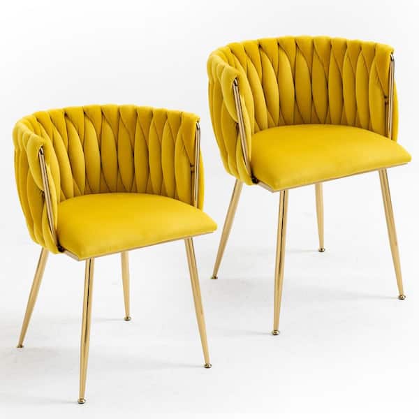 Modern Yellow Velvet Leisure Dining Chair with Metal Legs (Set of 2)