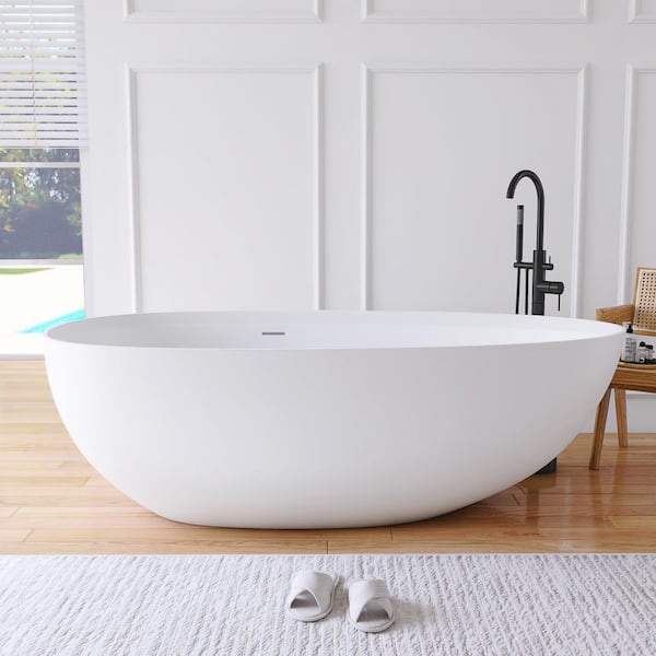 MEDUNJESS Luna 71 in. x 35 in. Stone Resin Solid Surface Matte Flatbottom Freestanding Soaking Bathtub in White
