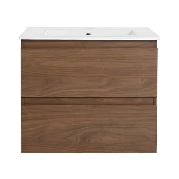 TCYO 24 in. W x 18 in. D x 21 in. H Single Sink Wall-Mounted Bath Vanity in Brown Oak with White Ceramic Top