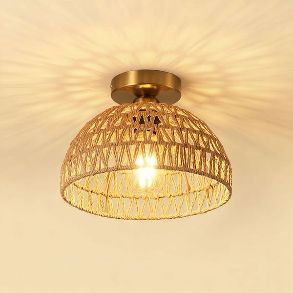 11.02 in. 1-Light Handmade Woven Boho Semi-Flush Mount Rustic Rattan Ceiling Light