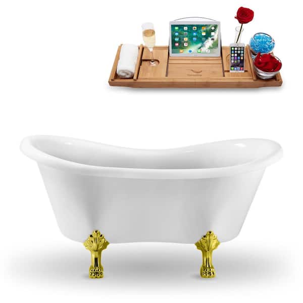 Streamline 62 in. Acrylic Clawfoot Non-Whirlpool Bathtub in Glossy White With Polished Gold Clawfeet And Polished Gold Drain