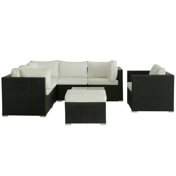 Unbranded 8-Piece Black Wicker Outdoor Patio Sectional Sofa Conversation Set with Red Cushions, Table and Foot Stool