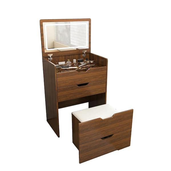 1-Piece Walnut Vanity Desk with Flip Top Lighted Mirror & Storage Stool durable construction