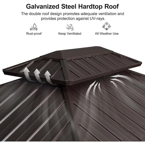 6.5 ft. x 10 ft. Hardtop Grill Gazebo for Patio Aluminum Barbecue Shelter Gazebo w/Hooks and Shelves Double Tiered Brown