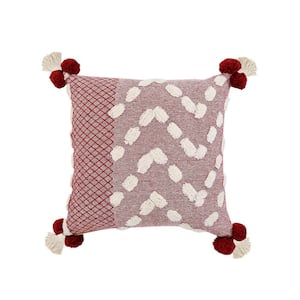 Zeal Red/Cream Geometric Trellis Tassels Pom-Pom Tufted Poly-fill 20 in. x 20 in. Throw Pillow