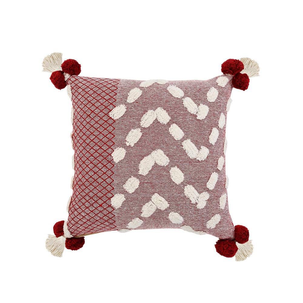 Zeal Red/Cream Geometric Trellis Tassels Pom-Pom Tufted Poly-fill 20 in. x 