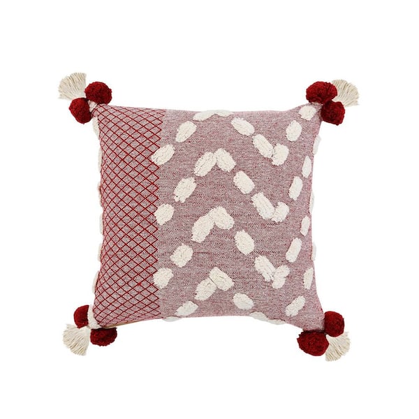 Unbranded Zeal Red/Cream Geometric Trellis Tassels Pom-Pom Tufted Poly-fill 20 in. x 20 in. Indoor  Throw Pillow