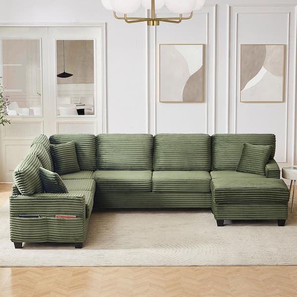 125.2 in. Square Arm Corduroy L-Shaped Sofa in Green with A Movable Ottoman and Side Storage Pockets