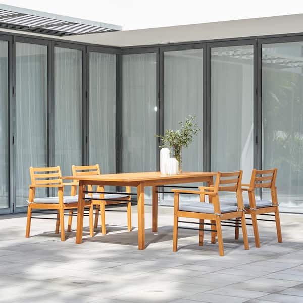 Afoxsos 5-Piece Teak-Like Wood Rectangular Outdoor Dining Set with Light Grey Cushions