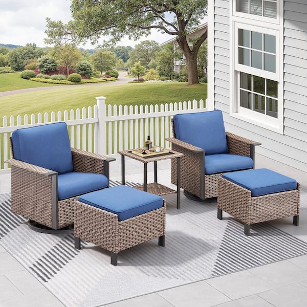 5-Piece Wicker Outdoor Rocking Chair Sets with Swivel Glider, Patio Lounge Conversation Set with Blue Cushions