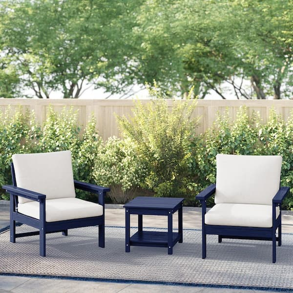 Navy Blue 3-Piece Eco-Friendly HDPE Patio Seating Set Conversation Set with Beige Cushions and Side Table