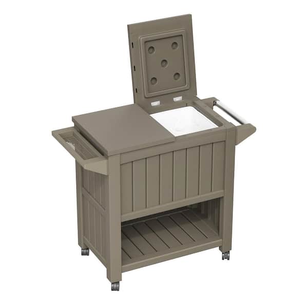 85 qt. Brown Outdoor Patio Beverage Rolling Cooler with Wheels, Handles Woodgrain Ice Chest Bar Cart 48 Hour Cold Drink
