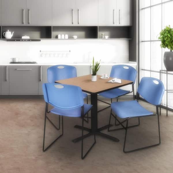 Cain 42 in. Noble Oak Square Breakroom Table Desk and 4-Zeng Stack Chairs-Blue