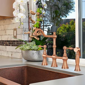 2-Handles Bridge Kitchen Faucet with Side Spray in Copper