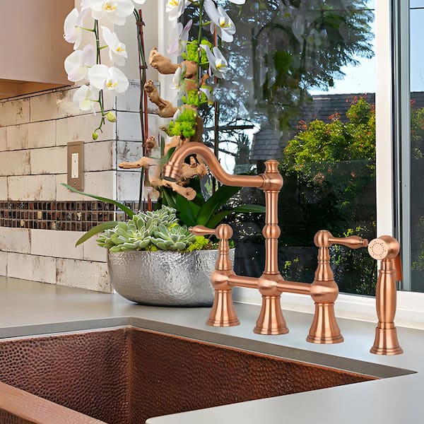 2-Handles Bridge Kitchen Faucet with Side Spray in Copper
