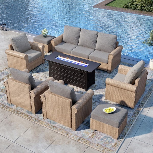 PHI VILLA 8-Piece Wicker Rectangle Patio Fire Pit Conversation Set with Gray Cushions