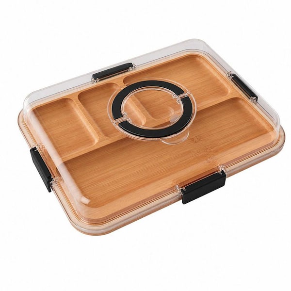 14 in. Portable Black Acacia Wood Bamboo Charcuterie Serving Board with Clear Lid and 4 Compartments for Kitchen Gifting