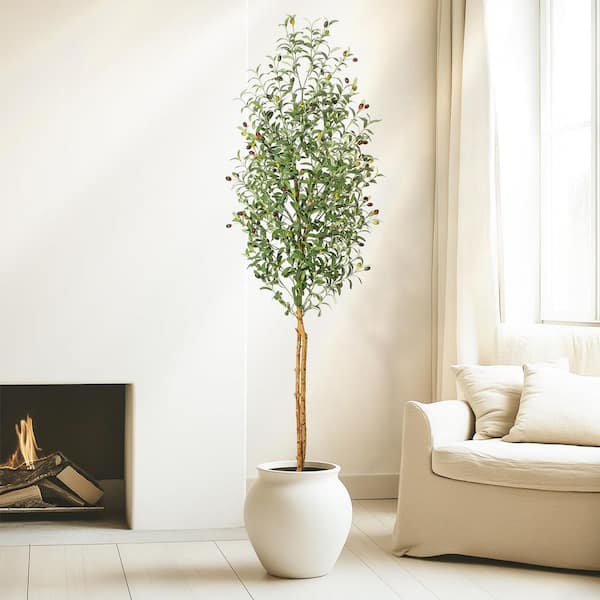Garvee 2-Pieces 7 ft. Artificial Olive Tree In White Planter, Olive Trees with Natural Wood Trunk and Green Fake Moss