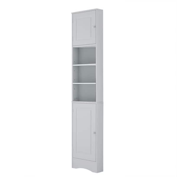 14.6 in. W x 9.4 in. D x 66.9 in. H Gray Wood Corner Linen Cabinet with Doors, Adjustable Shelves and Open Shelf