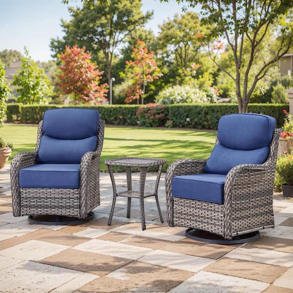 Carolina 3-Piece Gray Wicker Outdoor Swivel Chair Set of Small side Table, Swivel Chair Set for Garden Backyard, Blue