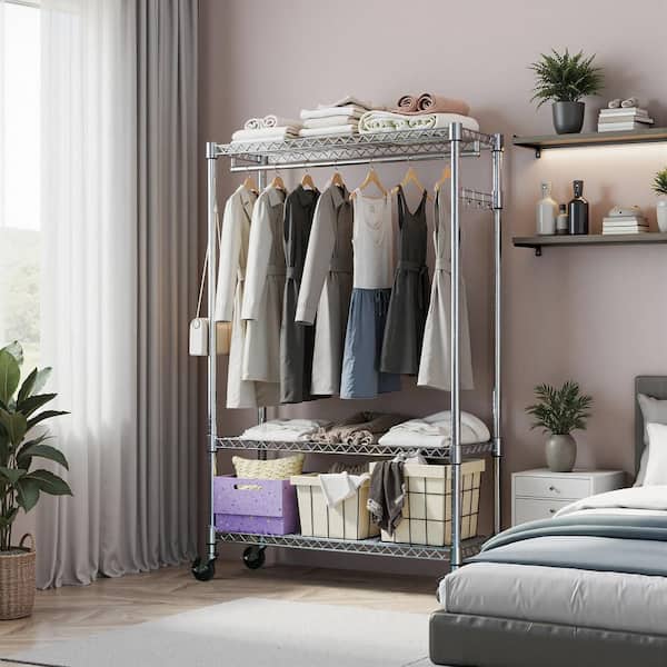 Chrome Carbon Steel Rolling Clothes Rack 3-Tier Garment Rack on Wheels w/ Rod Metal Adjustable Wardrobe Closet Organizer