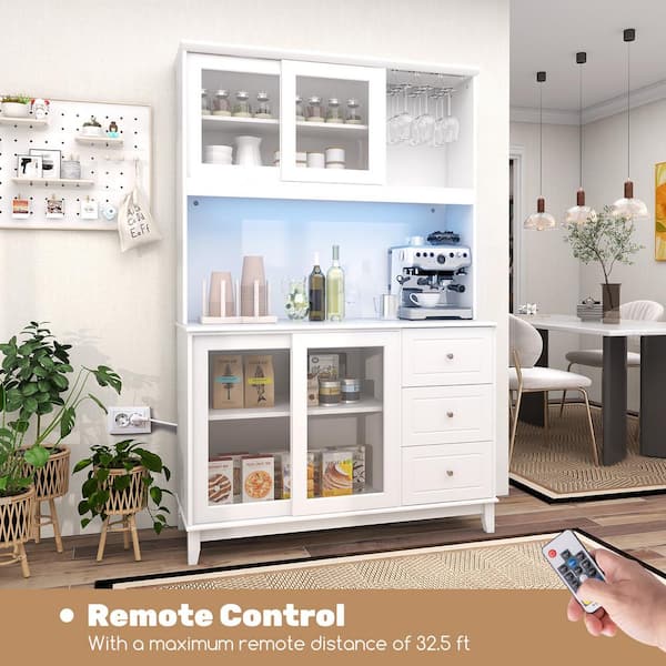 Gymax Kitchen Pantry Storage Cabinet Kitchen Hutch with LED Lights and Power Outlet White